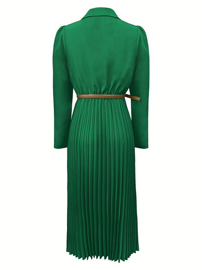 Elegant Pleated Shirt Dress for Women with Collar Long Sleeve Belted Flowing Style