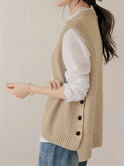 Comfortable Sweater Vest for Women with Mock Neck Sleeveless Side Button Relaxed Oversized Knit Style
