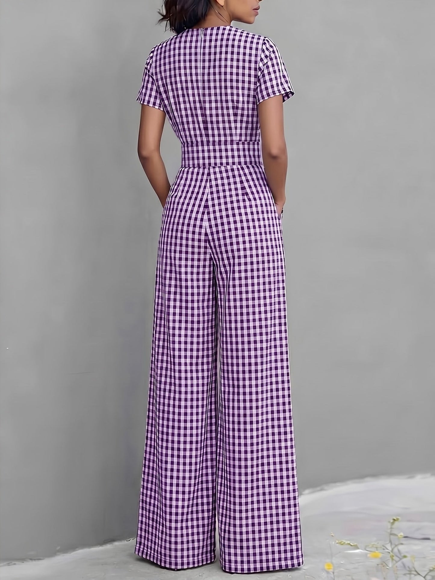 Effortless Gingham Wide Leg Jumpsuit for Women with V Neck Short Sleeve Pleated Pocket Casual Style