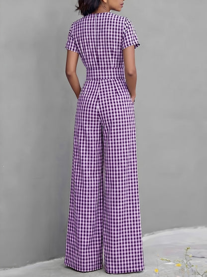 Effortless Gingham Wide Leg Jumpsuit for Women with V Neck Short Sleeve Pleated Pocket Casual Style