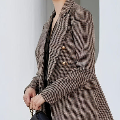 Elegant Coffee Brown Houndstooth Blazer for Women with Notch Lapel Long Sleeve Double Breasted Oversized Style