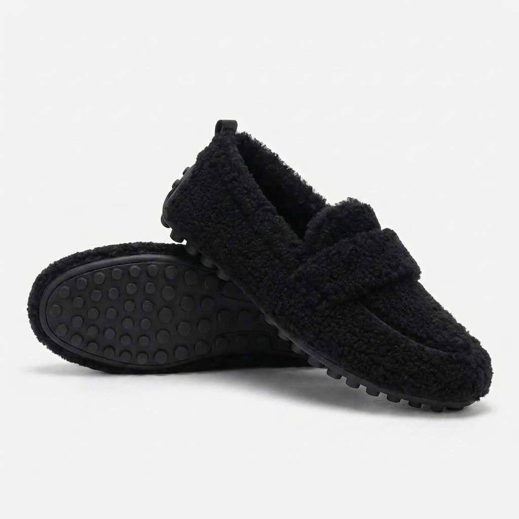 Comfortable House Shoes for Women with Curly Faux Fur Upper Moccasin Slip On Rubber Sole Style