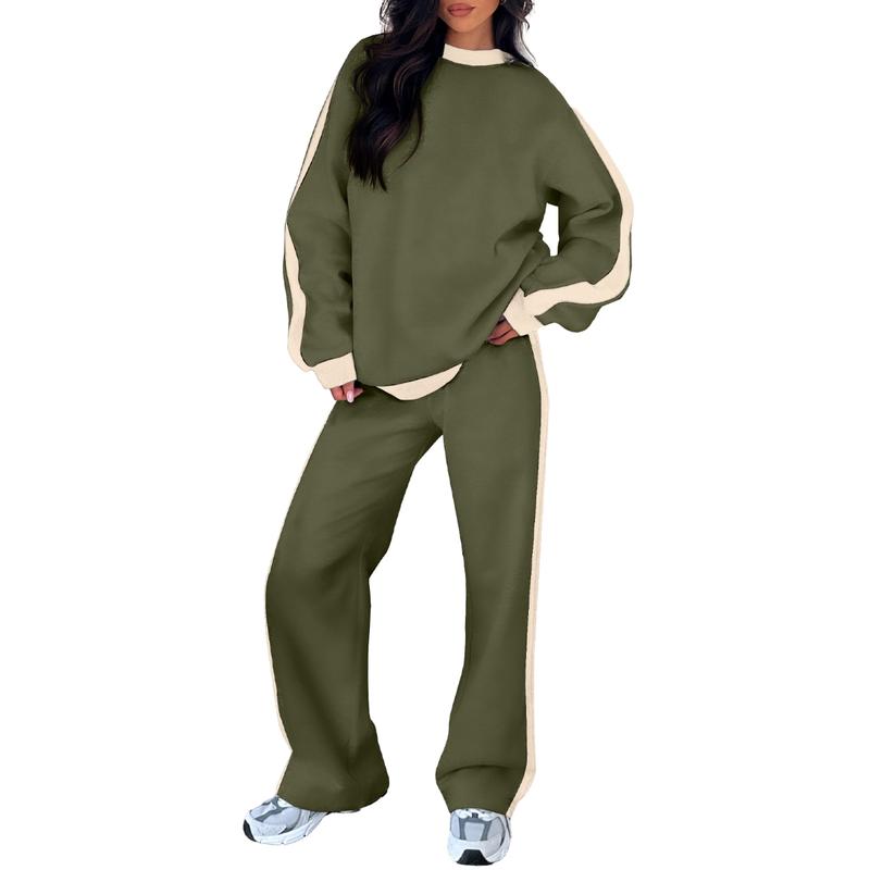Comfortable Colorblock Wide Leg Set for Women with Crewneck Long Sleeve Contrast Stripe Two Piece Style