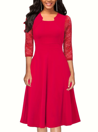 Elegant Lace Midi Dress for Women with Square Neck Three Quarter Sleeve Fit and Flare Cocktail Style