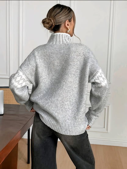 Comfortable Grey Houndstooth Sweater for Women with Mock Neck Long Sleeve Oversized Ribbed Knit Style