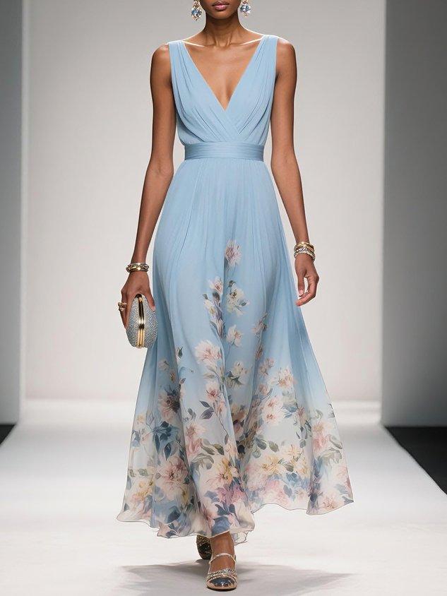 Effortless Floral Maxi Dress for Women with V Neck Sleeveless Flowing Formal Wedding Guest Style