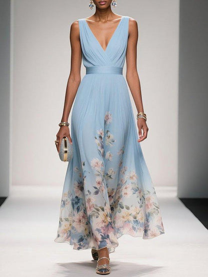 Effortless Floral Maxi Dress for Women with V Neck Sleeveless Flowing Formal Wedding Guest Style