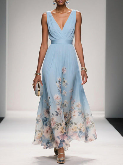 Effortless Floral Maxi Dress for Women with V Neck Sleeveless Flowing Formal Wedding Guest Style