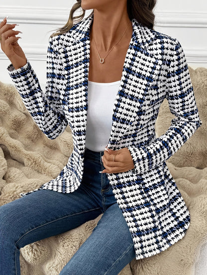 Elegant Plaid Blazer for Women, Versatile Everyday Long-Sleeve, Classic Commuter, Autumn, Houndstooth