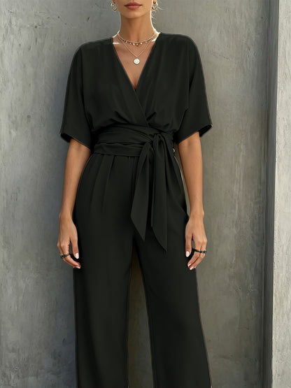 Elegant Wrap Jumpsuit for Women with V Neck Half Sleeve Belted Wide Leg Style