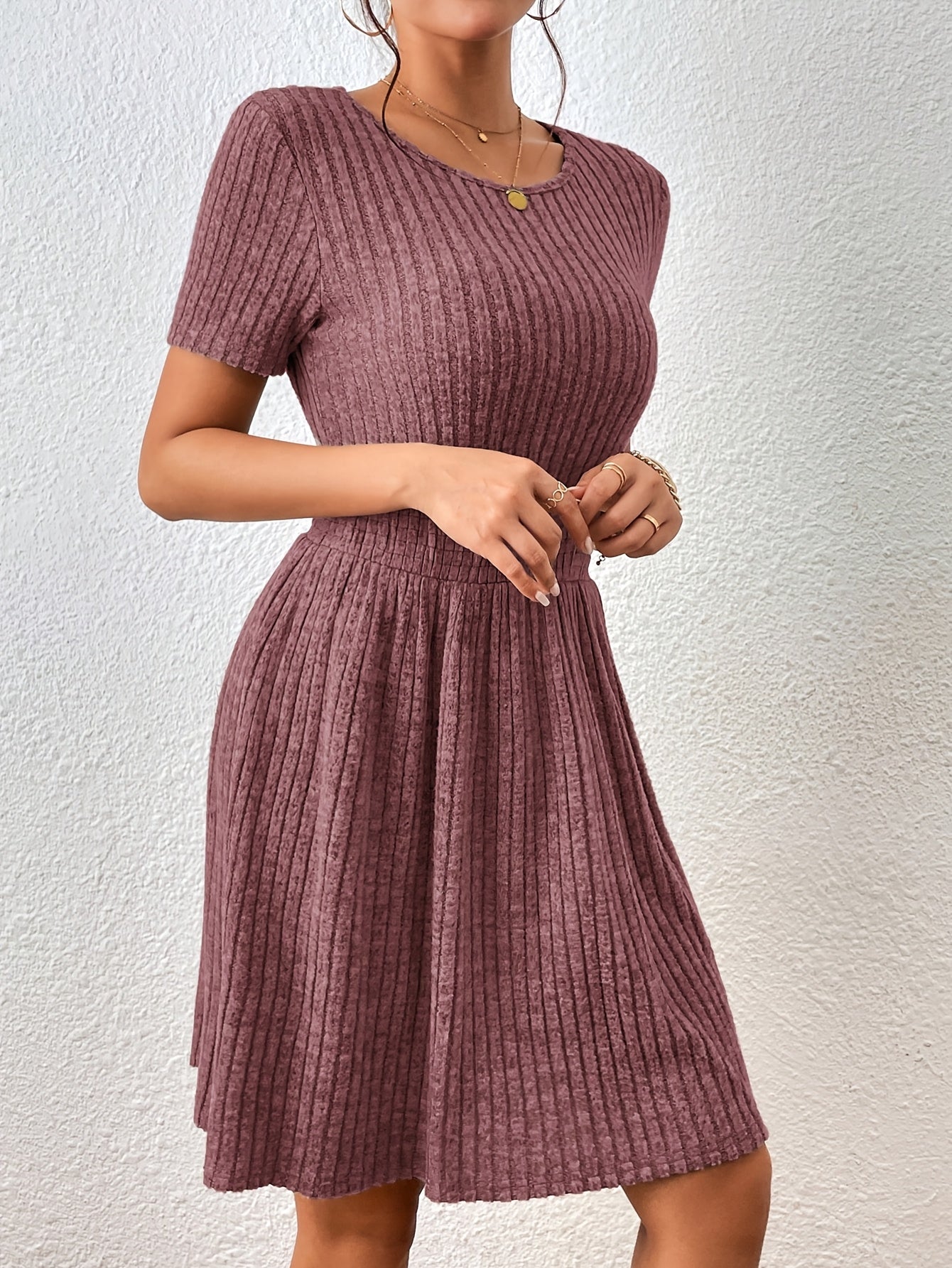 Comfortable Ribbed Knit Fit and Flare Mini Dress for Women with Round Neck Short Sleeve Smocked Waist Casual Style