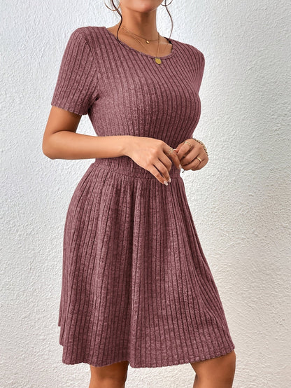 Comfortable Ribbed Knit Fit and Flare Mini Dress for Women with Round Neck Short Sleeve Smocked Waist Casual Style