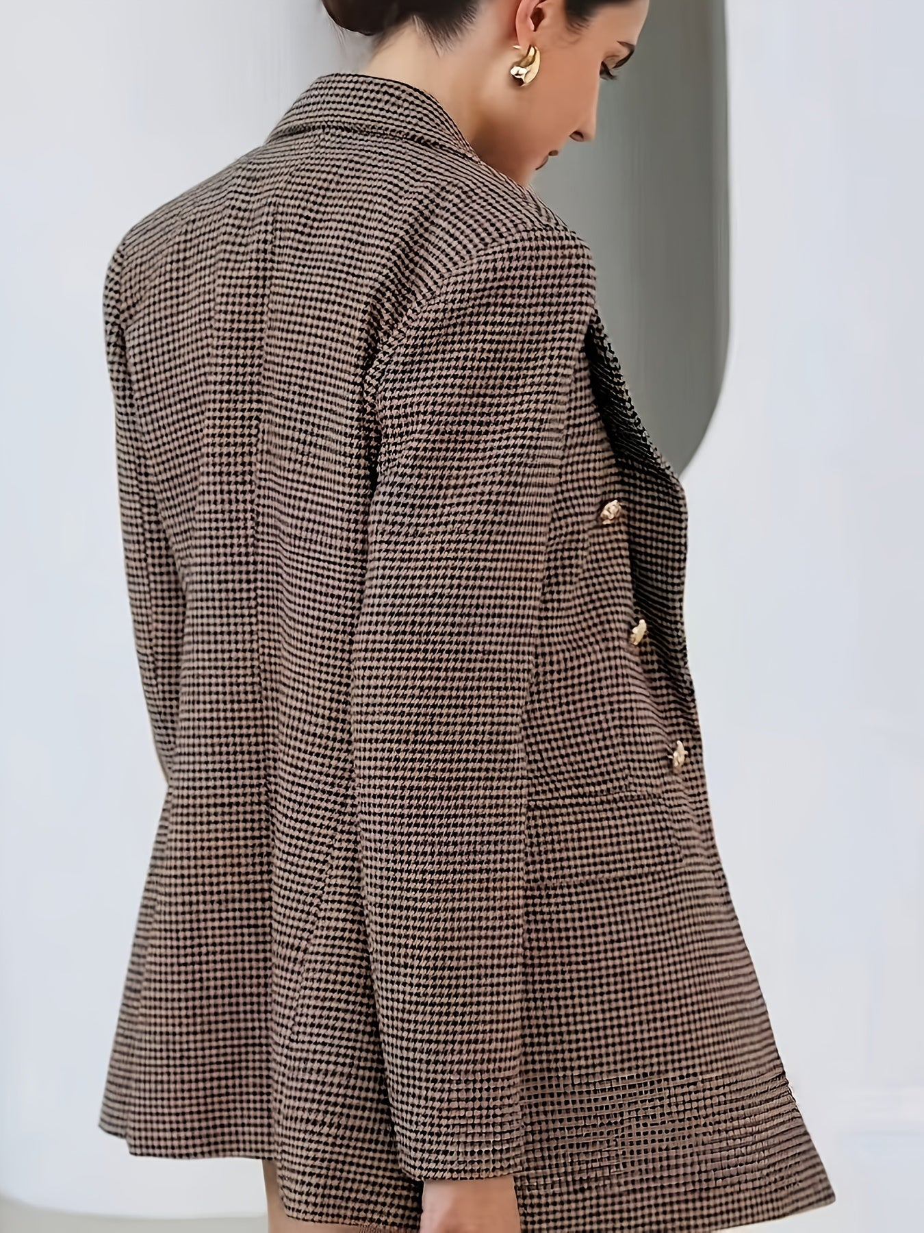 Elegant Coffee Brown Houndstooth Blazer for Women with Notch Lapel Long Sleeve Double Breasted Oversized Style