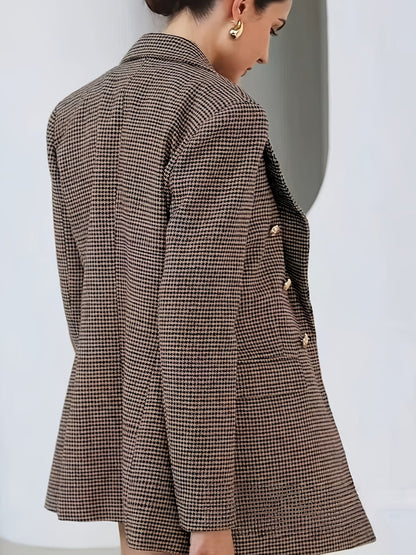 Elegant Coffee Brown Houndstooth Blazer for Women with Notch Lapel Long Sleeve Double Breasted Oversized Style