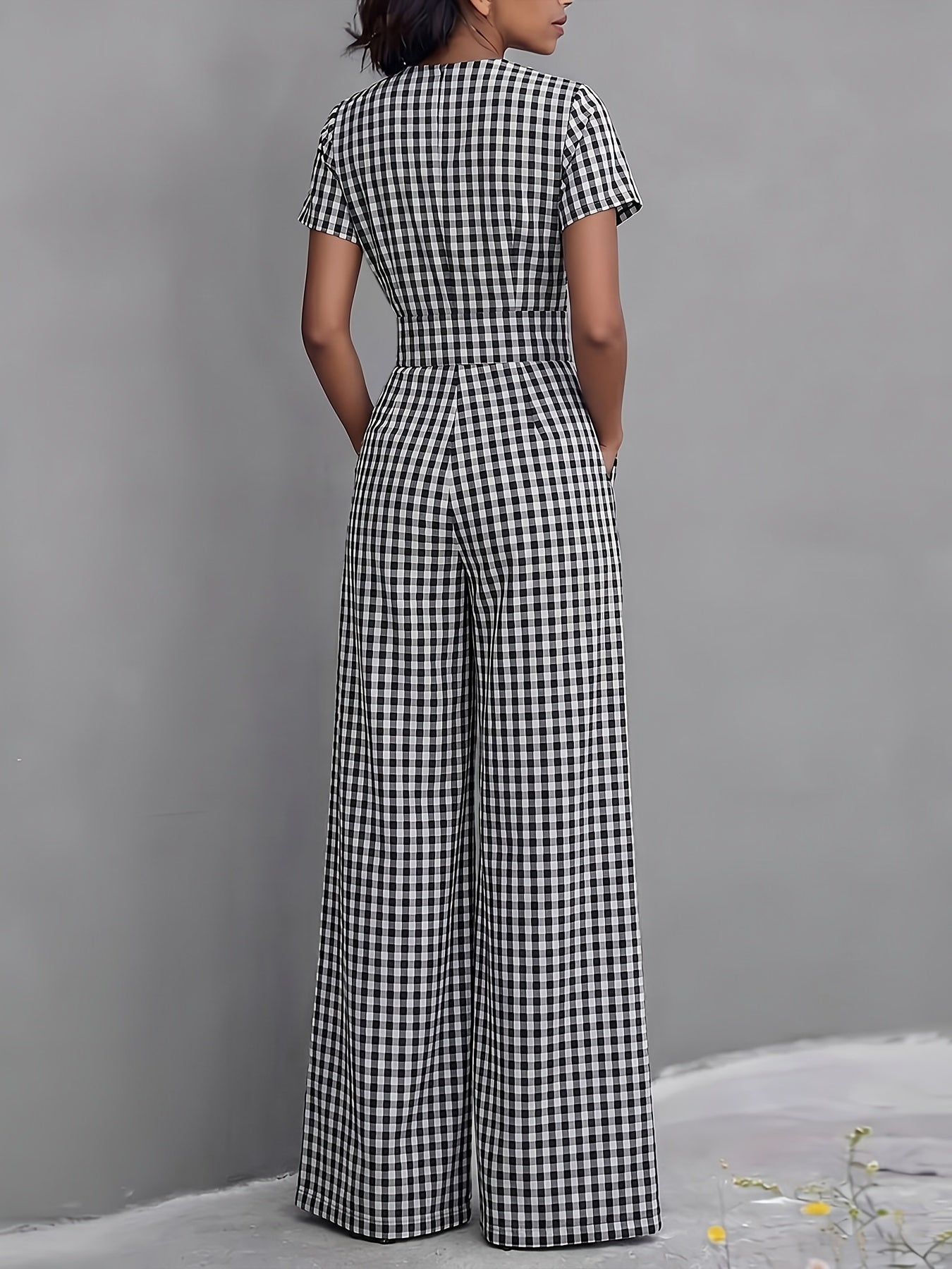 Effortless Gingham Wide Leg Jumpsuit for Women with V Neck Short Sleeve Pleated Pocket Casual Style