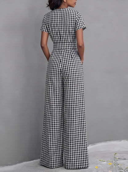 Effortless Gingham Wide Leg Jumpsuit for Women with V Neck Short Sleeve Pleated Pocket Casual Style