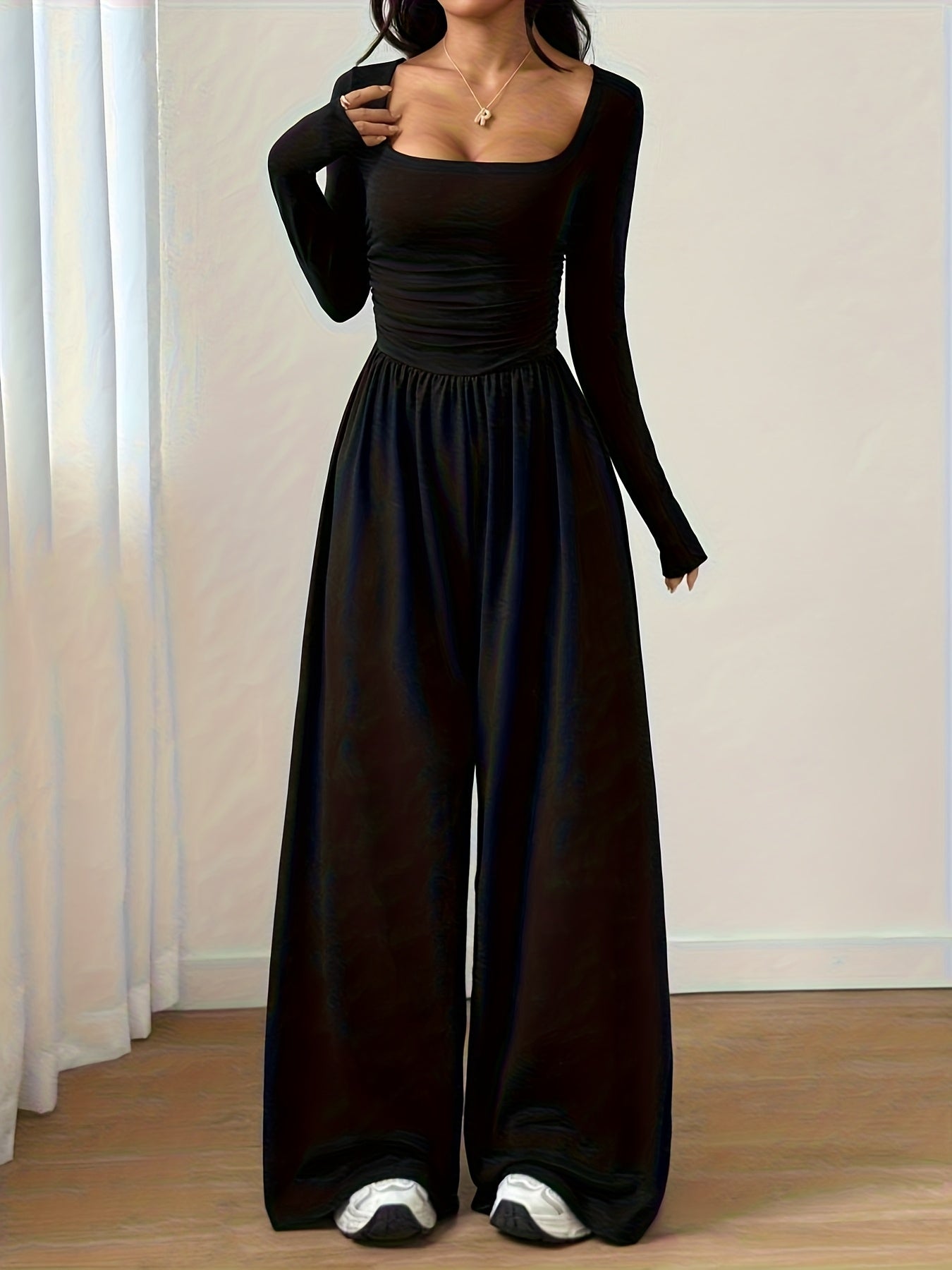 Elegant Black Jumpsuit for Women with Square Neck Long Sleeve Ruched Wide Leg Style