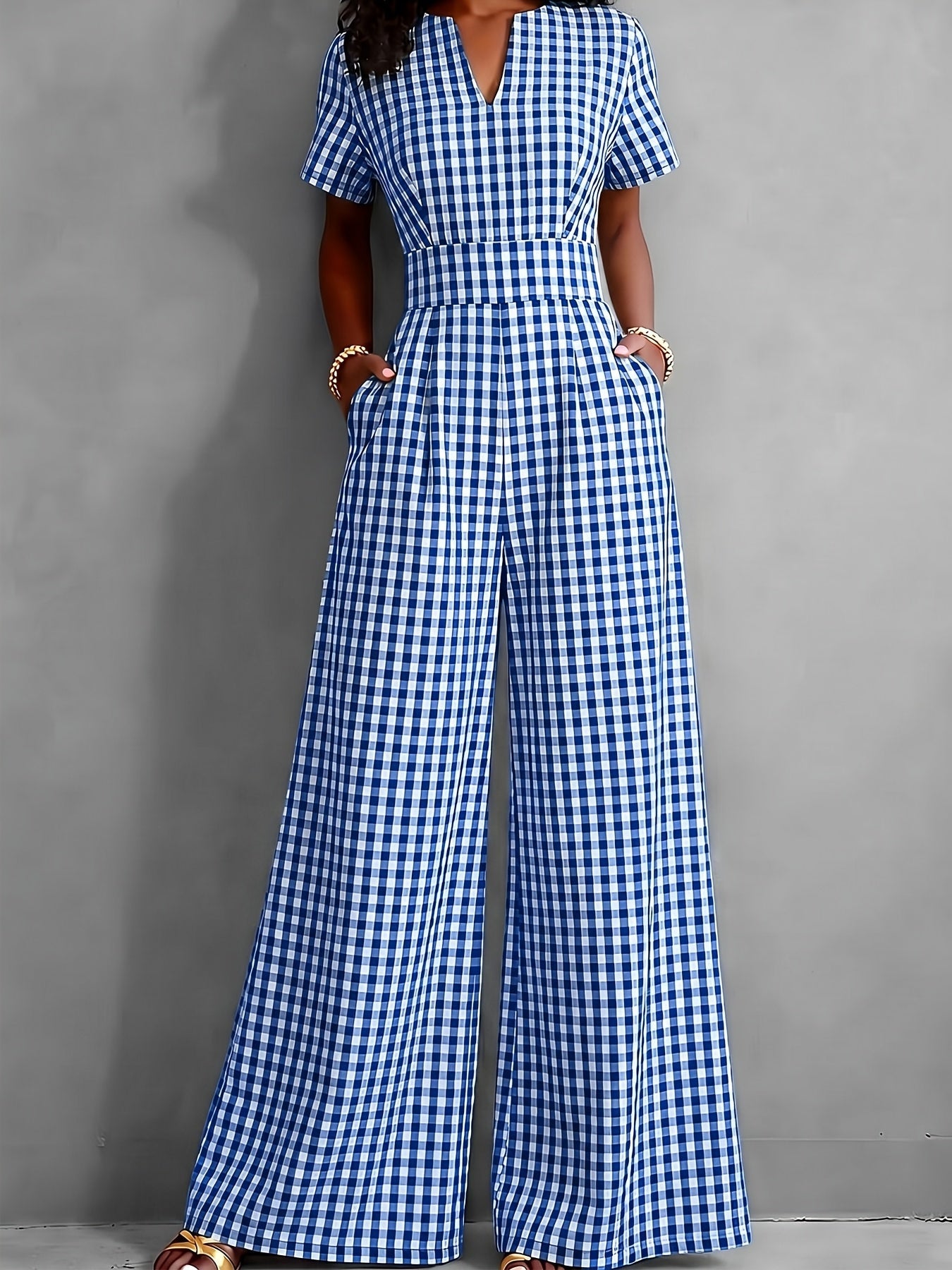 Effortless Gingham Wide Leg Jumpsuit for Women with V Neck Short Sleeve Pleated Pocket Casual Style