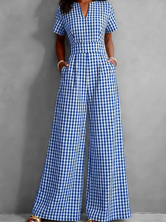 Effortless Gingham Wide Leg Jumpsuit for Women with V Neck Short Sleeve Pleated Pocket Casual Style