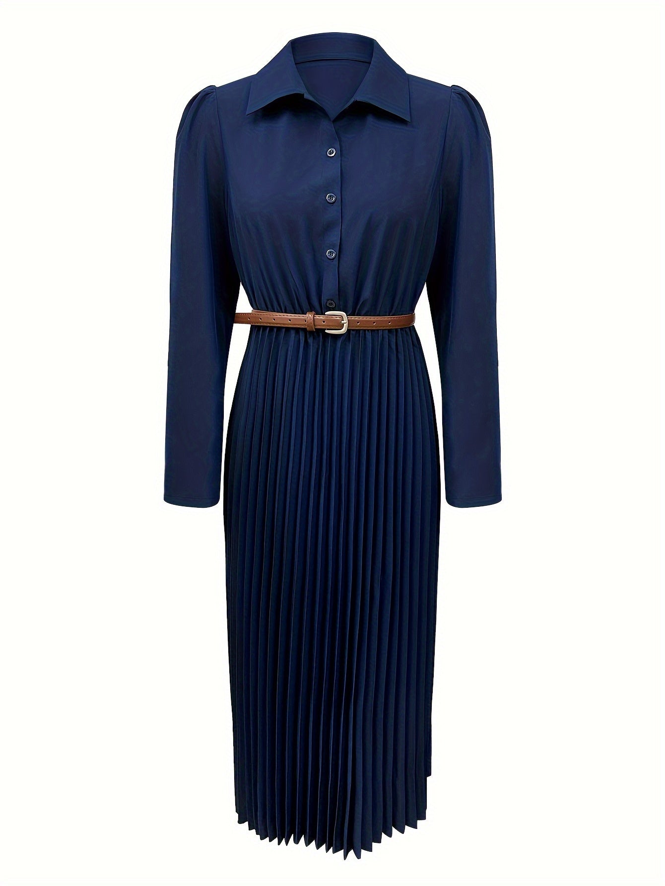 Elegant Pleated Shirt Dress for Women with Collar Long Sleeve Belted Flowing Style