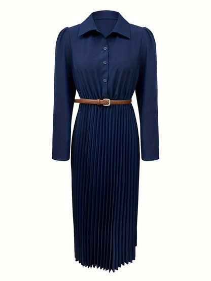 Elegant Pleated Shirt Dress for Women with Collar Long Sleeve Belted Flowing Style