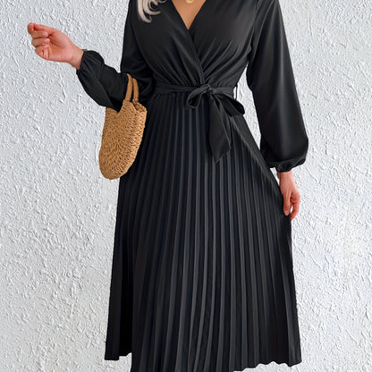Elegant Pleated Wrap Maxi Dress for Women with V Neck Bishop Sleeve Belted Flowing Style