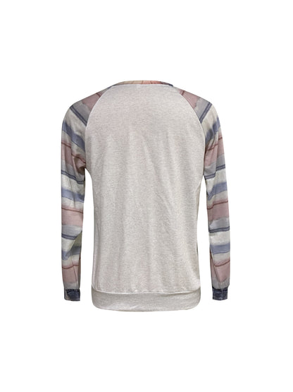 Comfortable Apricot Cat Print Sweatshirt for Women with Crew Neck Long Sleeve Striped Raglan Relaxed Style
