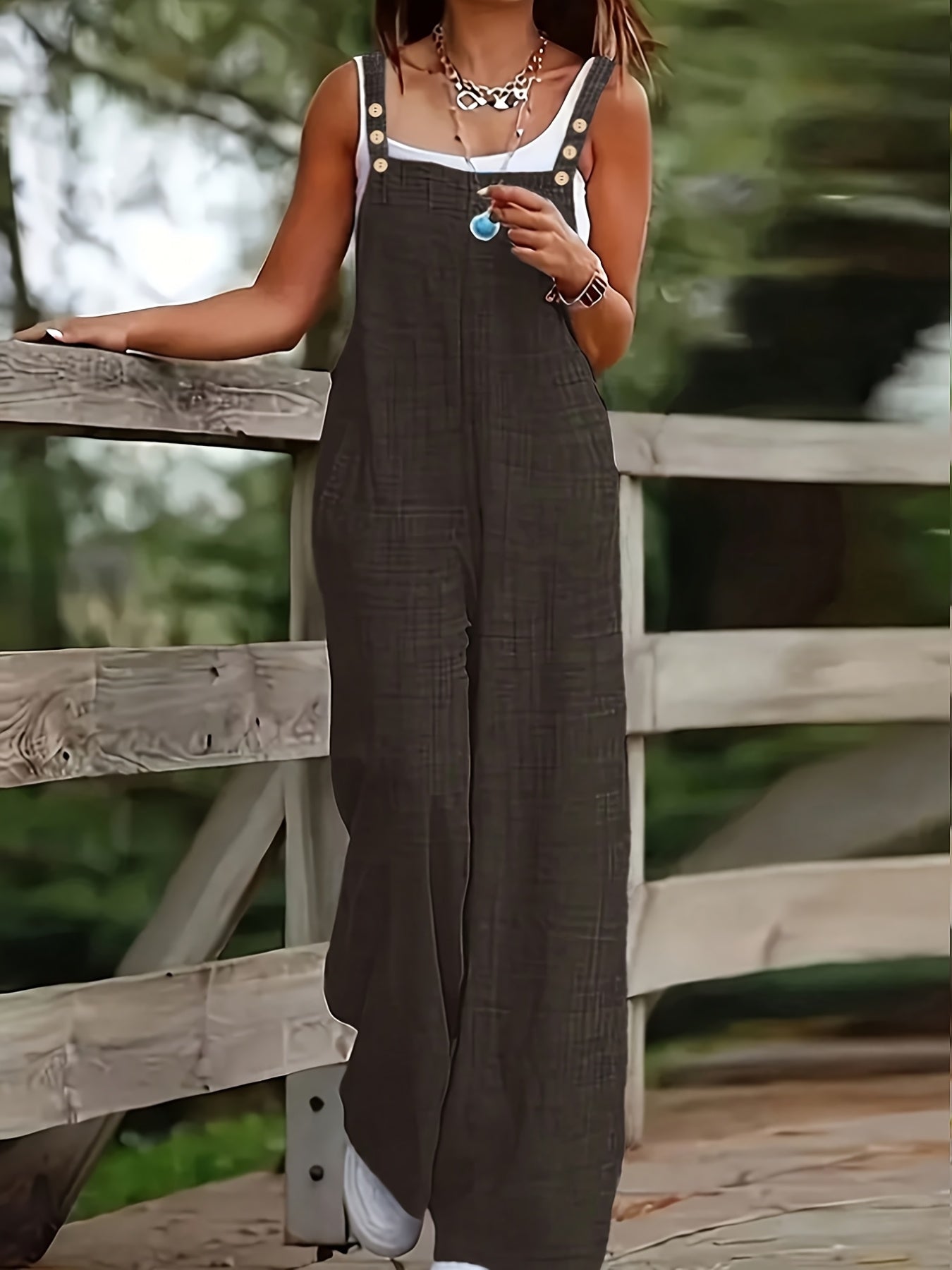 Effortless Linen Wide Leg Jumpsuit for Women with Square Neck Button Strap Relaxed Casual Style