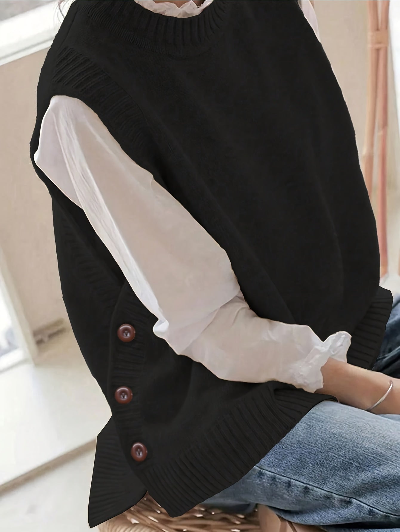 Comfortable Sweater Vest for Women with Mock Neck Sleeveless Side Button Relaxed Oversized Knit Style