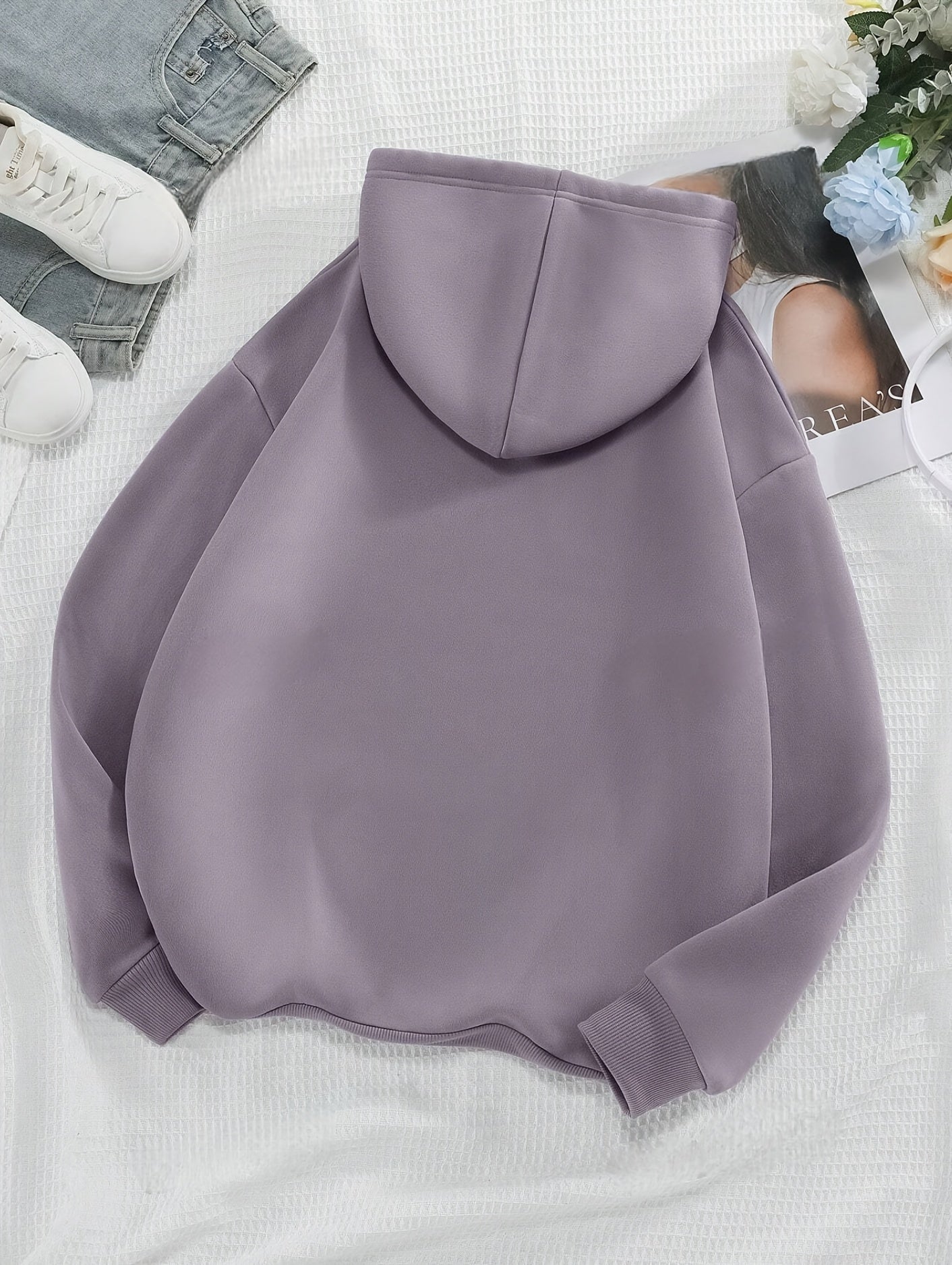 Comfortable Purple Graphic Print Hoodie for Women with Drawstring Hood Long Sleeve Kangaroo Pocket Oversized Style