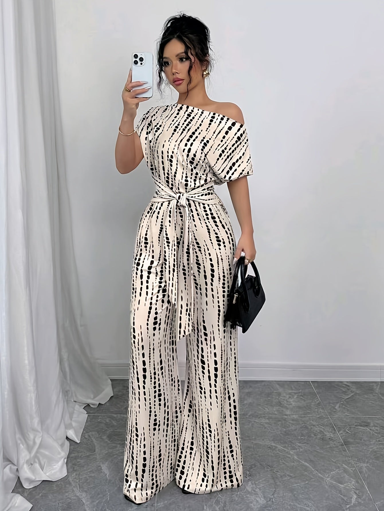 Elegant Apricot Abstract Print Jumpsuit for Women with One Shoulder Short Sleeve Belted Wide Leg Style