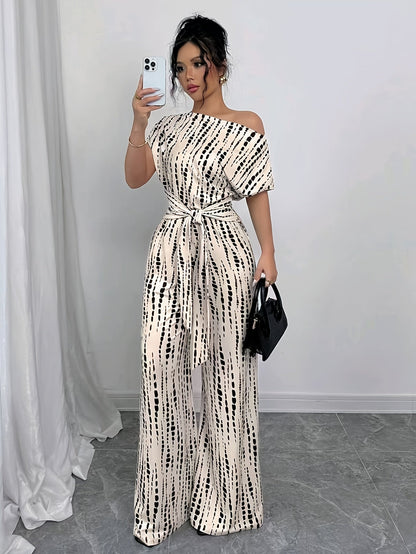 Elegant Apricot Abstract Print Jumpsuit for Women with One Shoulder Short Sleeve Belted Wide Leg Style