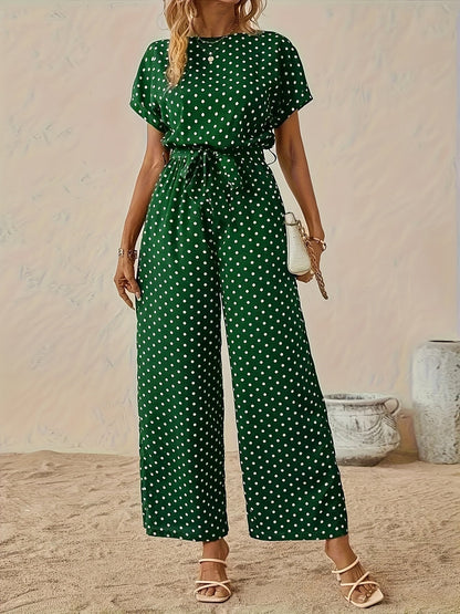 Effortless Polka Dot Jumpsuit for Women with Boat Neck Short Sleeve Tied Waist Wide Leg Style