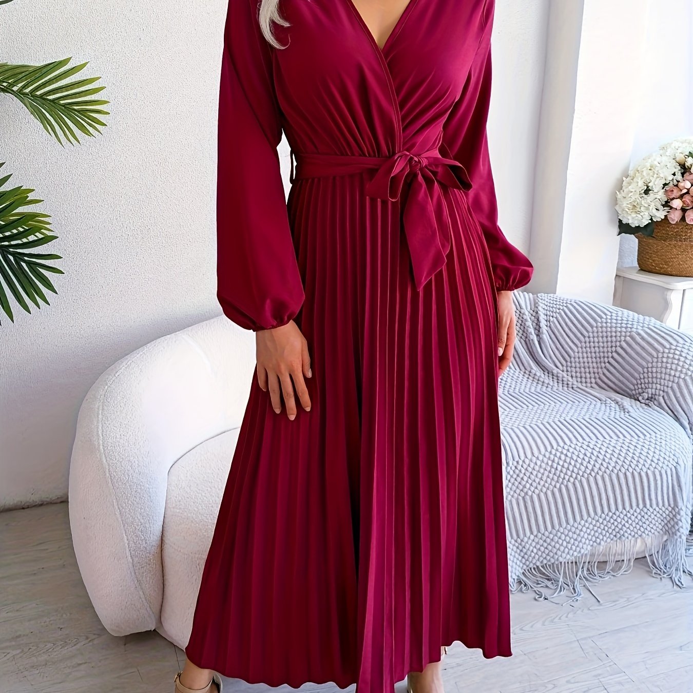 Elegant Pleated Wrap Maxi Dress for Women with V Neck Bishop Sleeve Belted Flowing Style