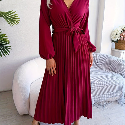 Elegant Pleated Wrap Maxi Dress for Women with V Neck Bishop Sleeve Belted Flowing Style