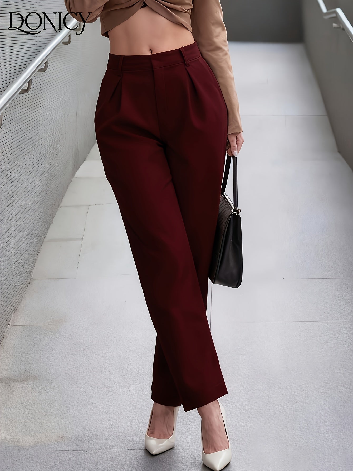 Elegant Faux Leather Trousers for Women with High Waist Pleated Tapered Barrel Leg Style