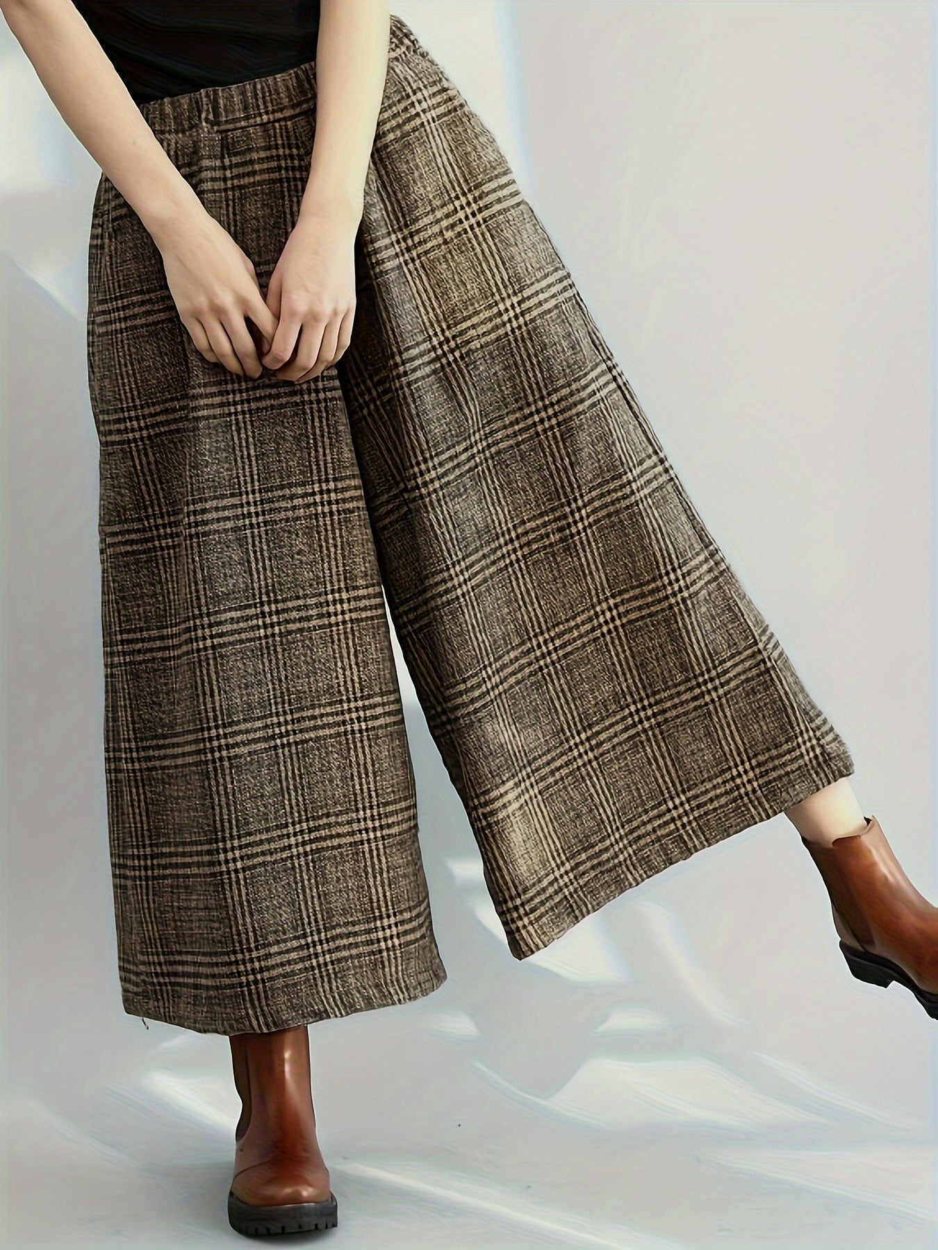 Effortless Plaid Wide Leg Pants for Women with High Waist Pocket Cropped Flowing Casual Style