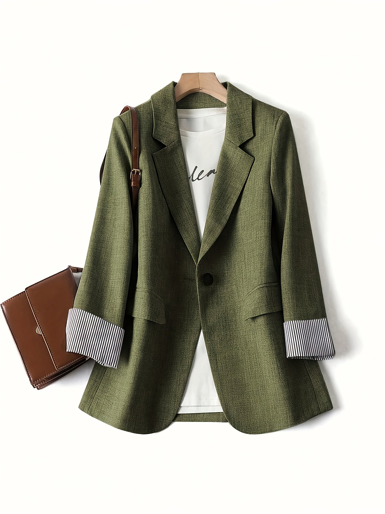 Elegant Fern Green Blazer for Women with Notch Lapel Long Sleeve Striped Cuff Tailored Style