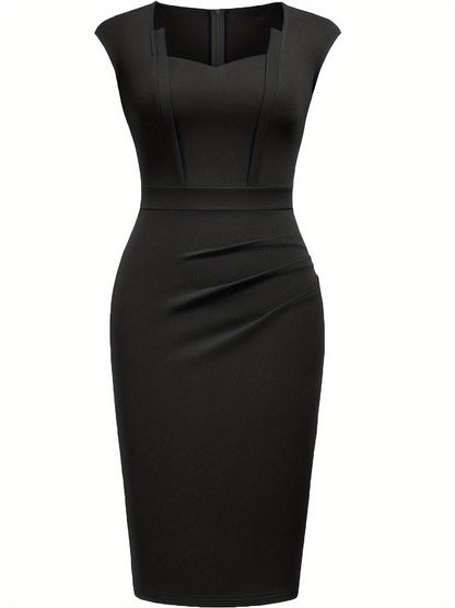 Elegant Sheath Midi Dress for Women with Sweetheart Neck Cap Sleeve Ruched Bodycon Style