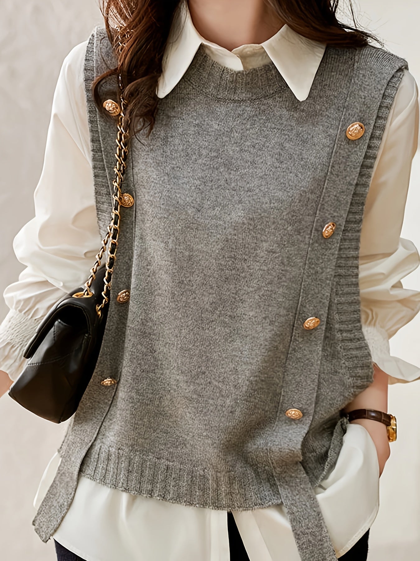 Comfortable Knit Sweater Vest for Women with Round Neck Sleeveless Button Front Ribbed Trim Style