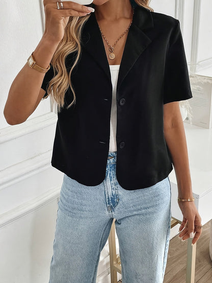 Elegant Cropped Blazer for Women with Notch Lapel Short Sleeve Button Front Casual Style