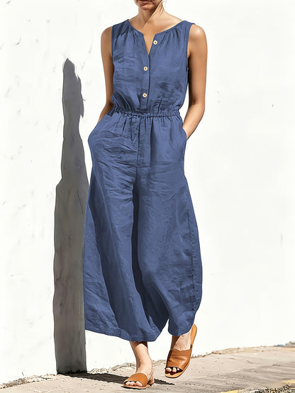 Effortless Navy Blue Linen Wide Leg Jumpsuit for Women with V Neck Sleeveless Button Front Relaxed Style