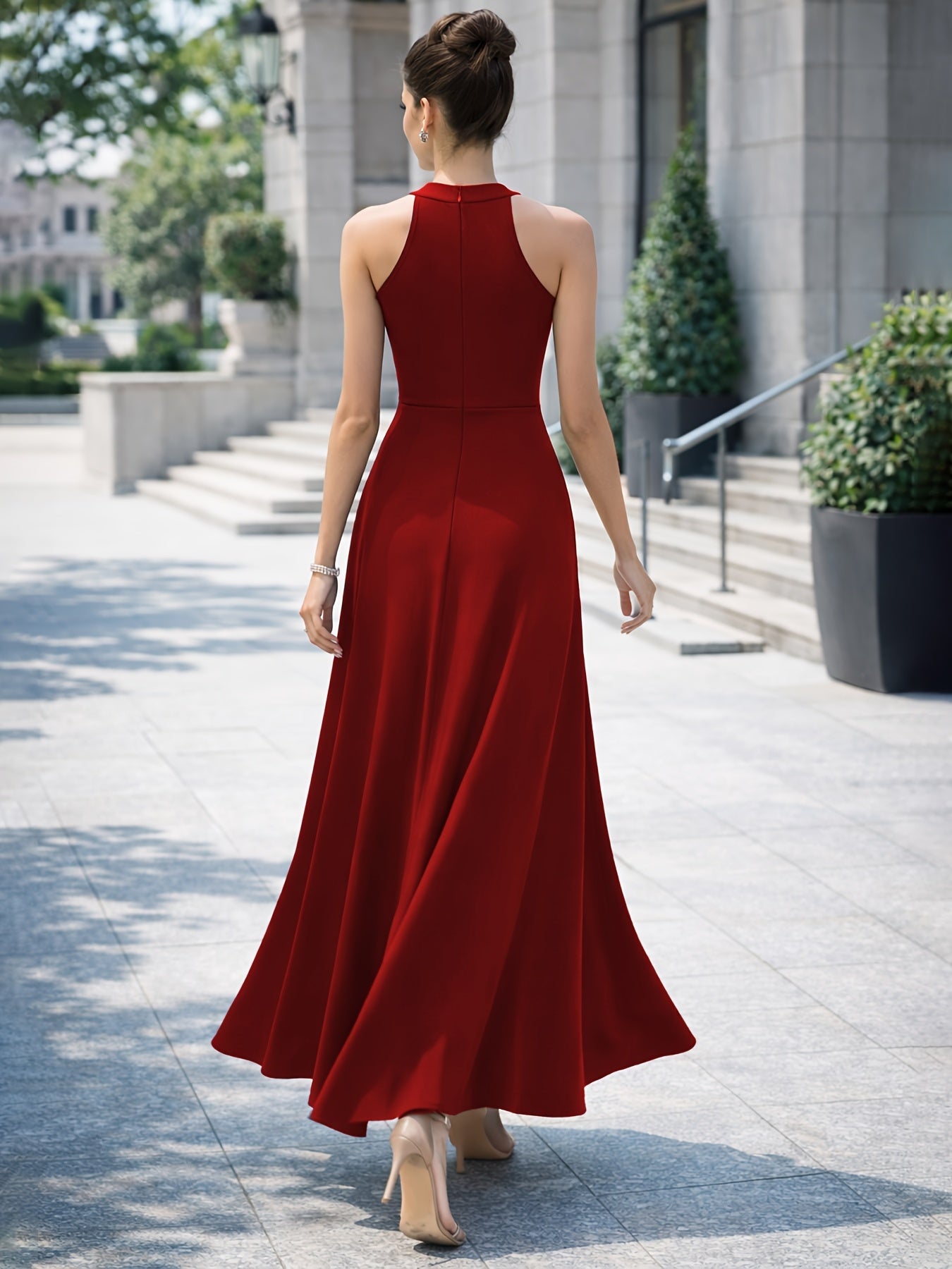 Elegant Satin Maxi Dress for Women with Halter Neck High Slit A Line Formal Wedding Guest Style