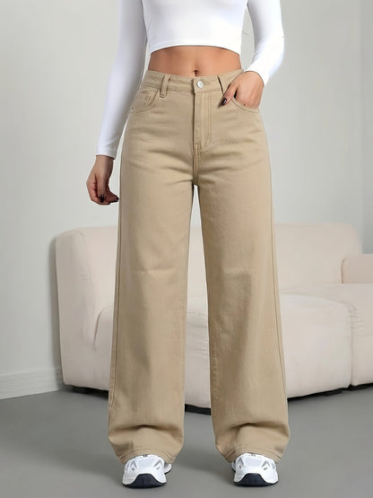 Effortless Khaki Wide Leg Jeans for Women with High Waist Button Fly Relaxed Casual Style
