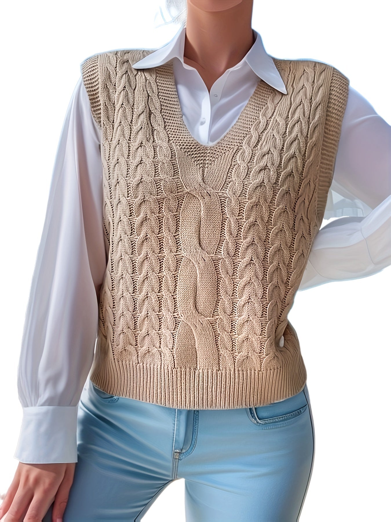 Comfortable Cable Knit Sweater Vest for Women with V Neck Sleeveless Cropped Relaxed Style