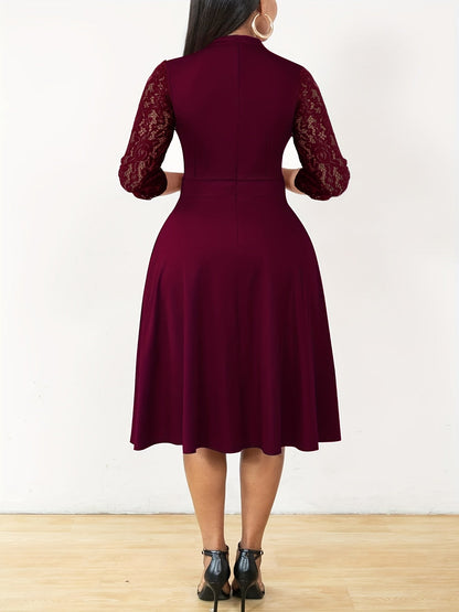Elegant Lace Sleeve Midi Dress for Women with V Neck Fit and Flare Cocktail Style