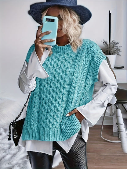 Comfortable Cable Knit Sweater Vest for Women with Crew Neck Sleeveless Oversized Relaxed Knit Style