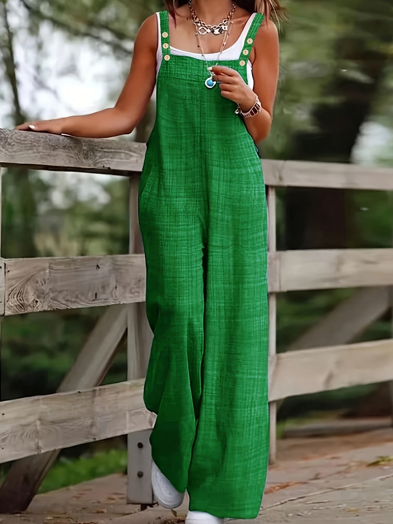 Effortless Linen Wide Leg Jumpsuit for Women with Square Neck Button Strap Relaxed Casual Style