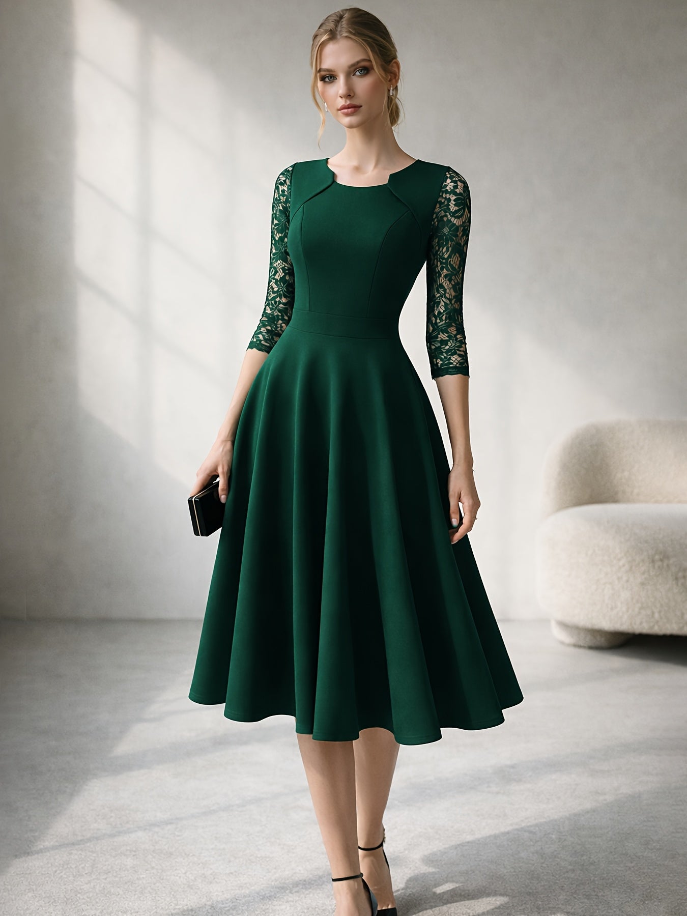 Elegant Lace Midi Dress for Women with Square Neck Three Quarter Sleeve Fit and Flare Cocktail Style