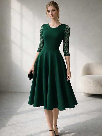Elegant Lace Midi Dress for Women with Square Neck Three Quarter Sleeve Fit and Flare Cocktail Style